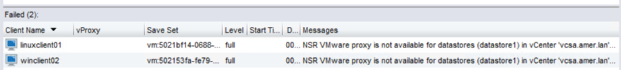 Backup job in NMC reports failed VMs where vProxy is not available for datastores