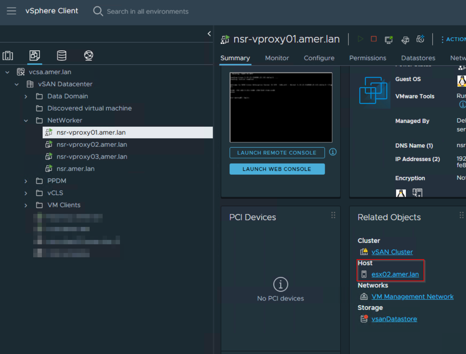 vSphere showing ESXi host the vProxy resides on