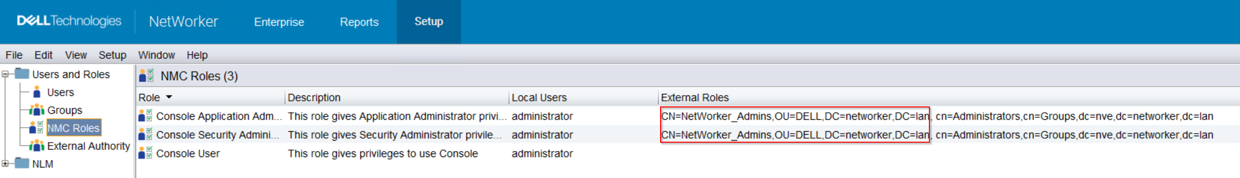 Example of external roles set in NMC roles