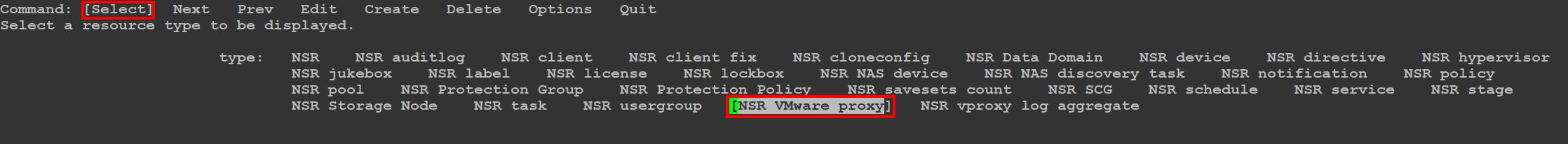 nsradmin visual menu selecting NSR vmware proxy from the select menu