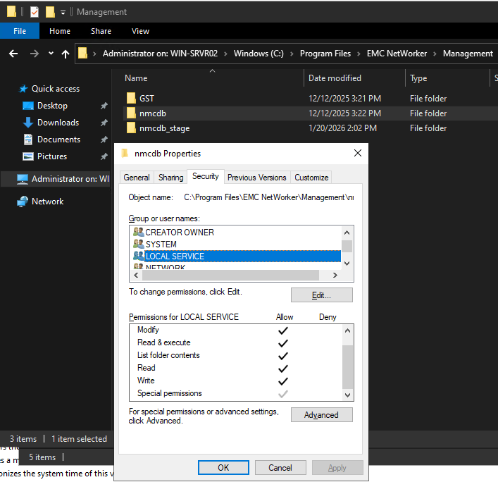 LOCAL SERVICE permissions on NMCDB folder