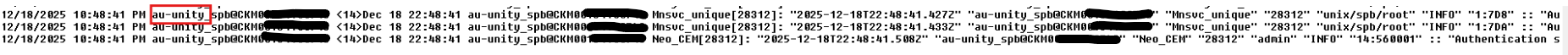 The old hostname of the array is au-unity, screenshot from the syslog server