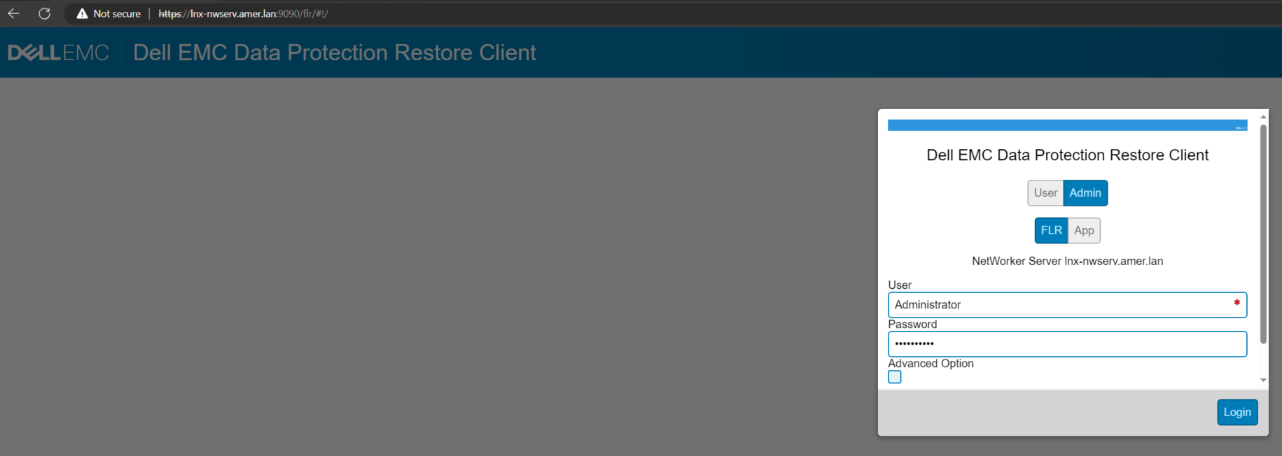 Data Protection Restore Client login screen