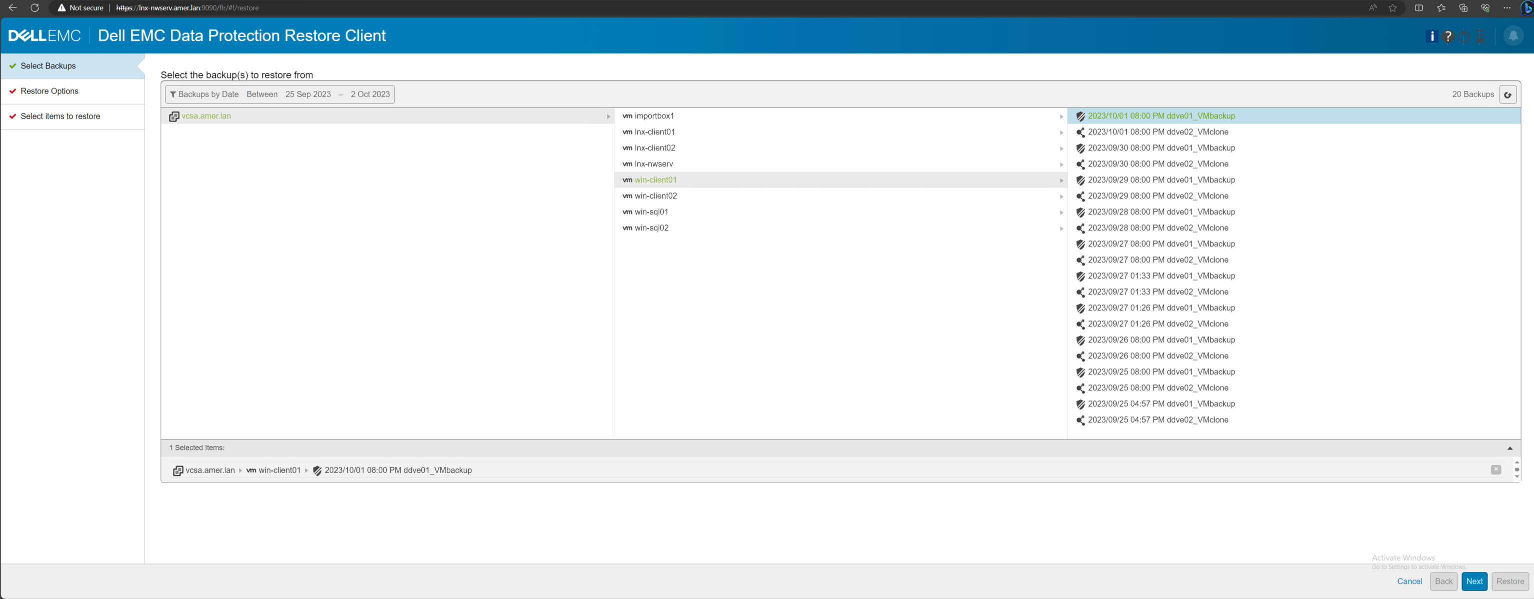 Data Protection Restore Client VM backups selection 