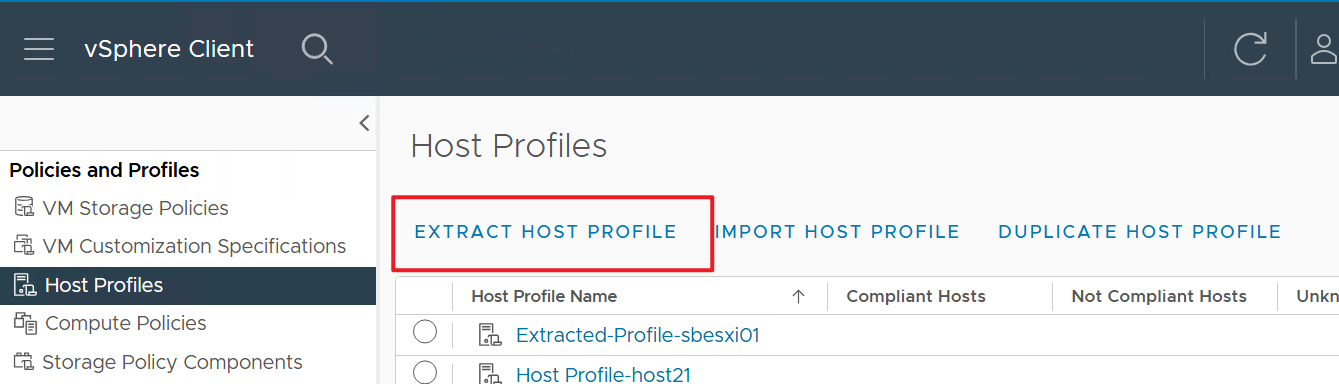Screenshot of extract host profile button