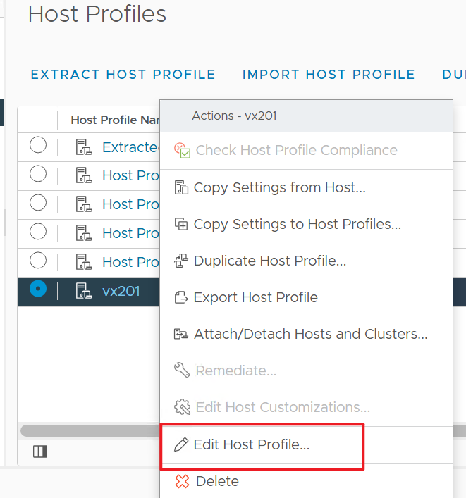 Screenshot of edit host profile selection