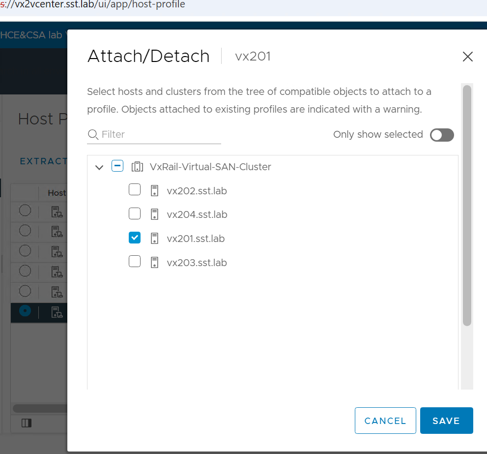 Screenshot showing host selections