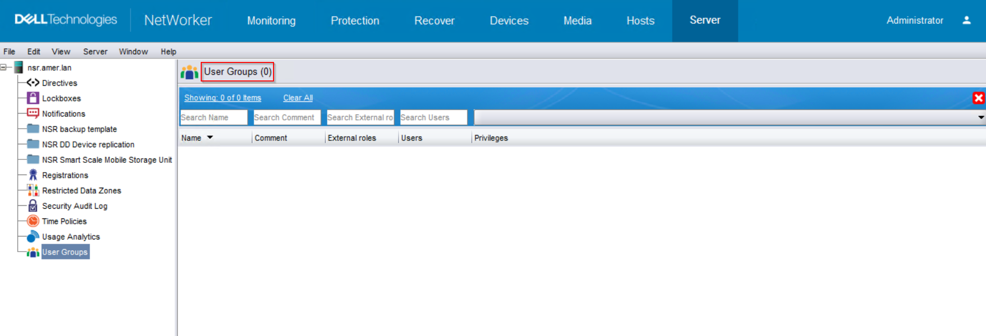 NMC NSR User Groups shows no user groups when logged in as the NetWorker Administrator