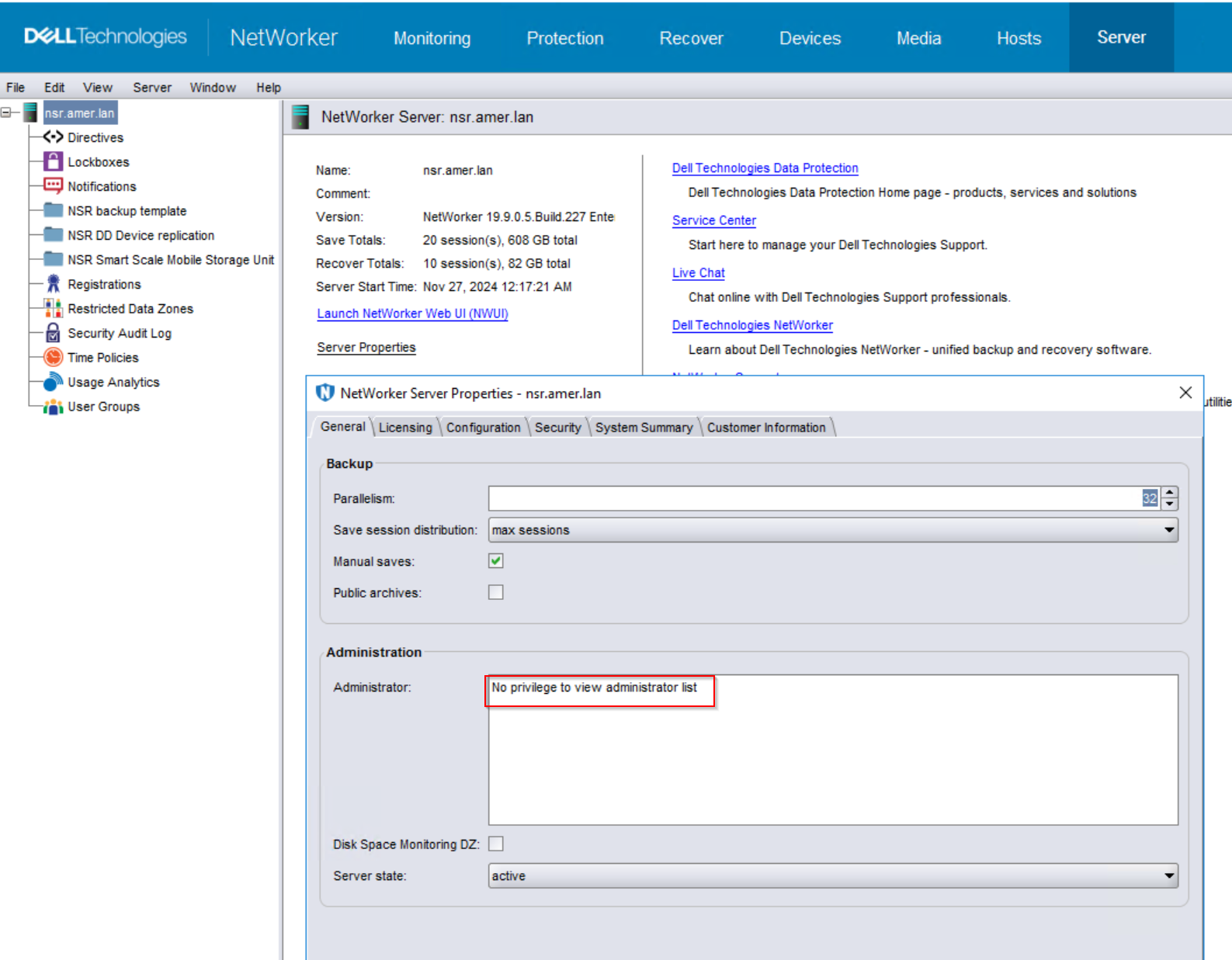 NMC server properties reports No privileges to review Administrators list