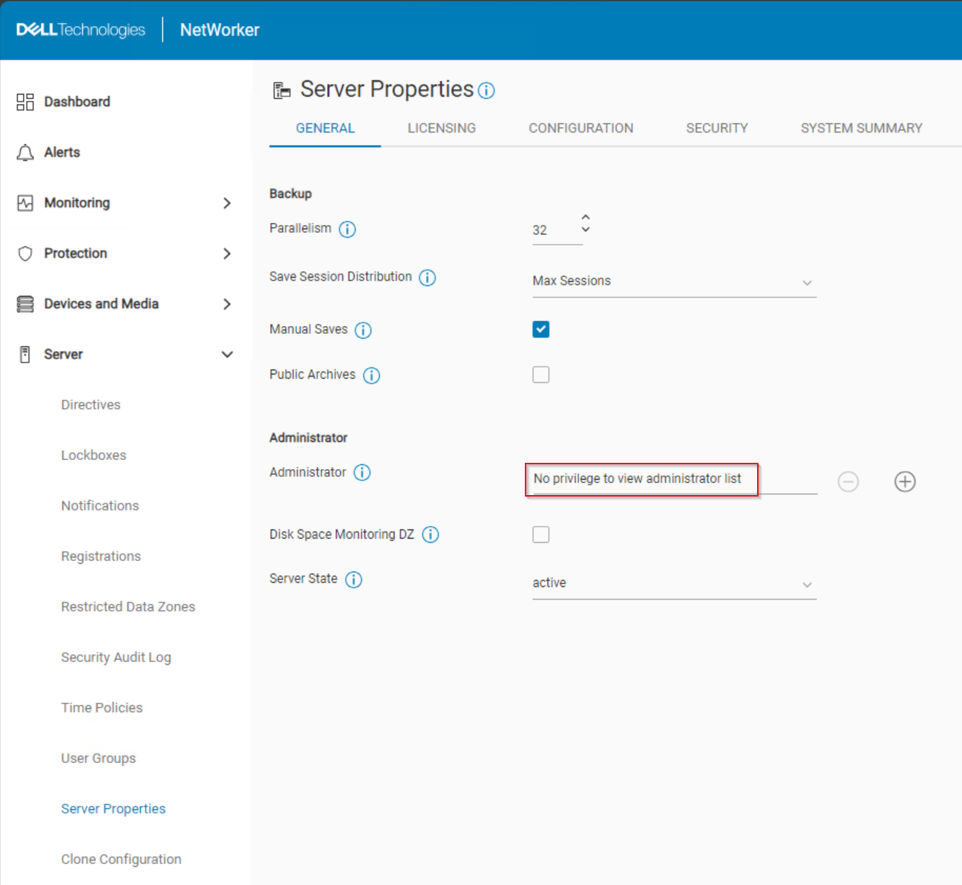 NWUI server tab reports No Privileges to review Administrators list