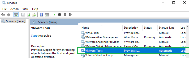 Microsoft顯示 VMware Tools 服務狀態的 Windows 服務管理單元