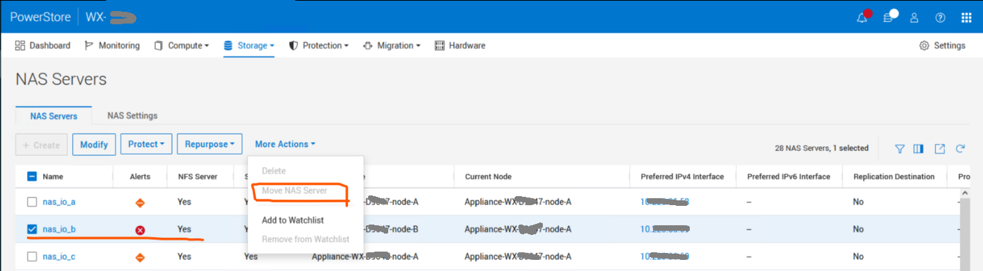 L’option Déplacer le serveur NAS est grisée