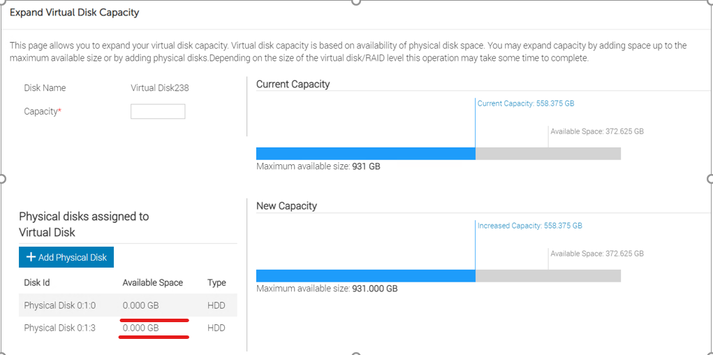 Pagina iDRAC WebGUI-Expand> Virtual Disk Capacity
