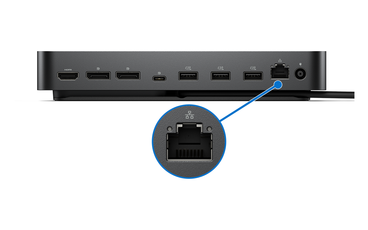 Pohled zezadu na dokovací stanici s několika displeji a porty USB, s detailním záběrem na ethernetový port RJ-45