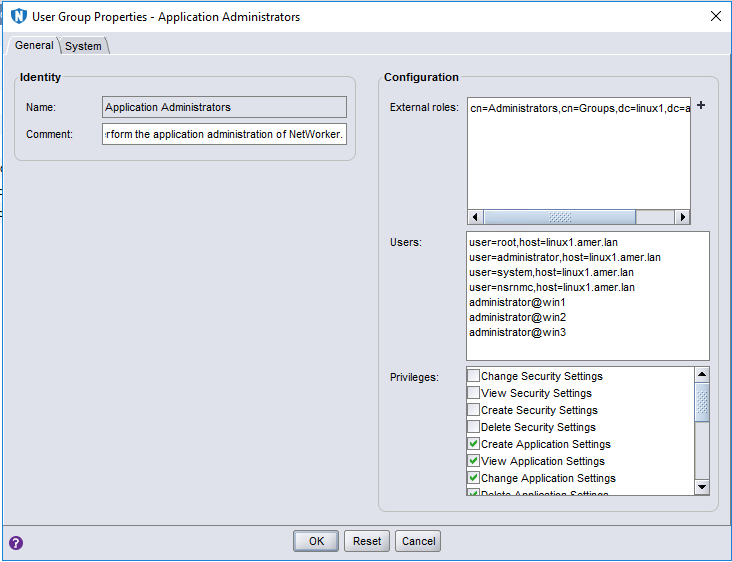 Screenshot of Application Administrators in lab with host named accounts