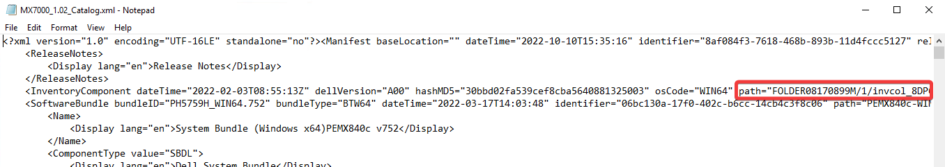 Viewing the contents of the catalog XML file in Notepad
