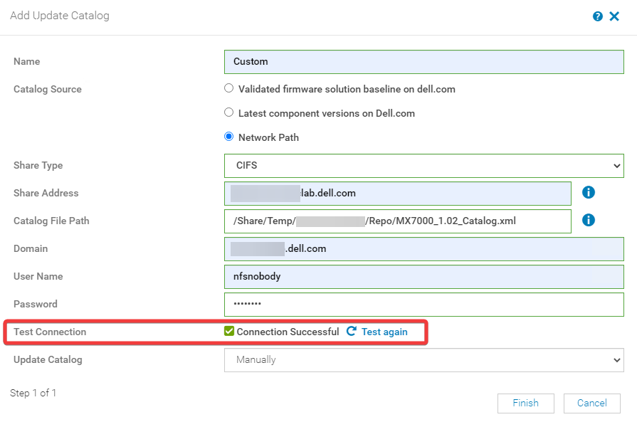 Testing the network connection to the catalog in OME-M