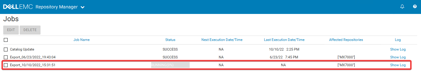 Vise jobber i Dell Repository Manager