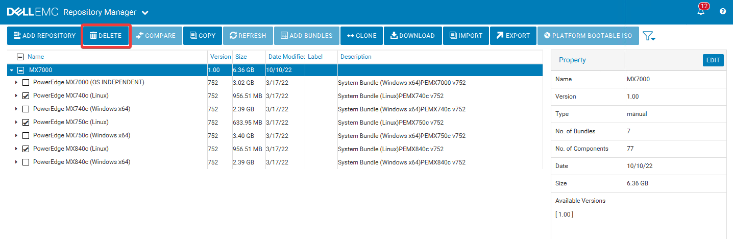 在 Dell Repository Manager 中创建的存储库列表