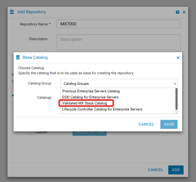 Výběr skupiny katalogu v nástroji Dell Repository Manager