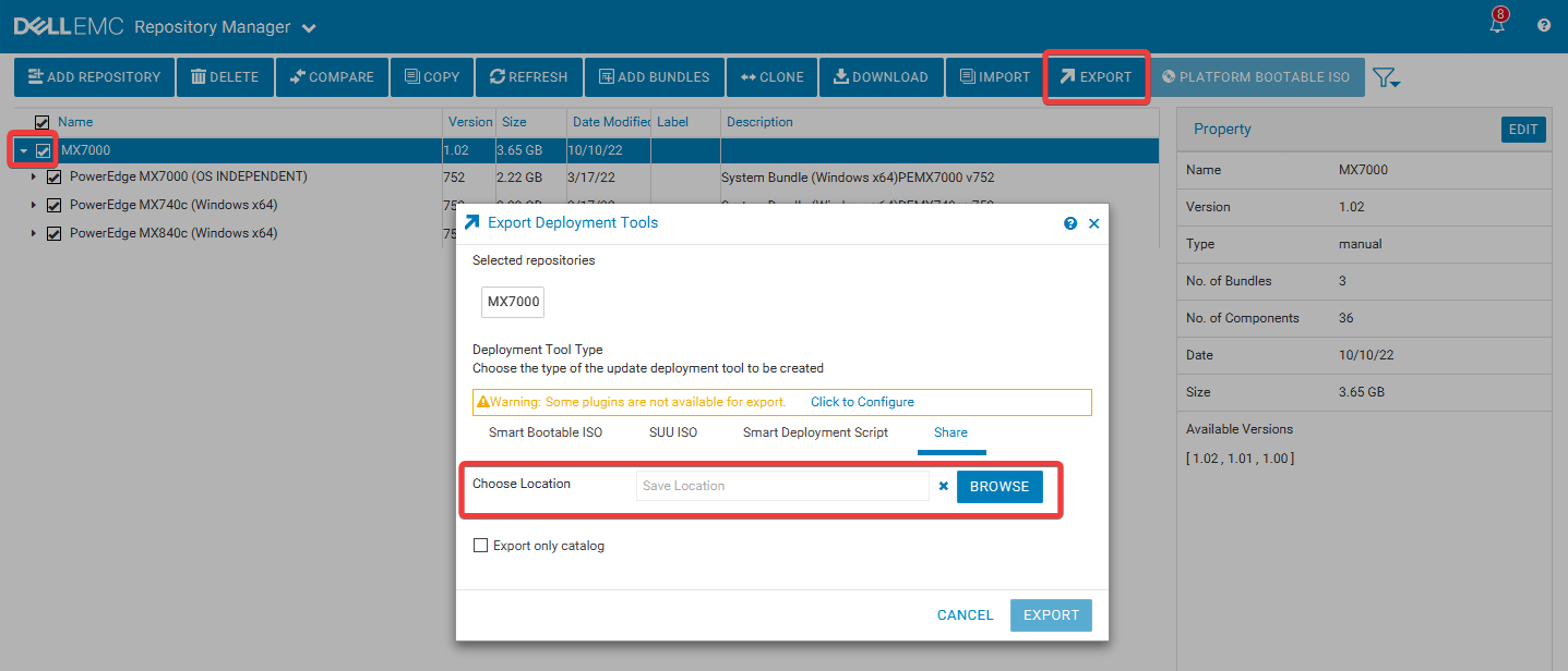 Výběr umístění pro export katalogu a úložiště firmwaru v nástroji Dell Repository Manager