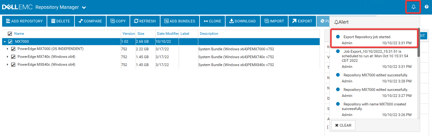 Kontrola výstrah v nástroji Dell Repository Manager