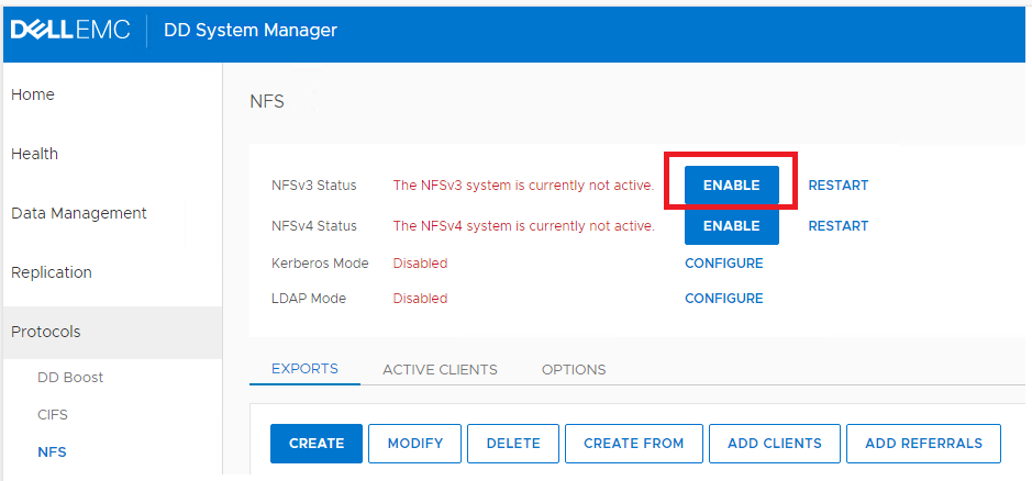 DD System Manager showing disabled