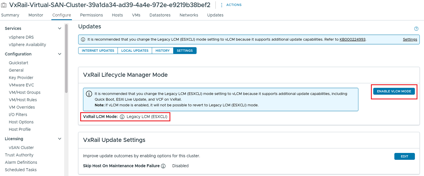 Bouton ENABLE VLCM MODE dans l’interface utilisateur de vCenter