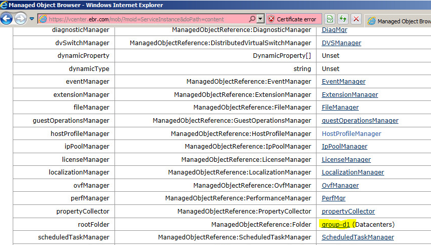 vCenter MOB Datacenters folder