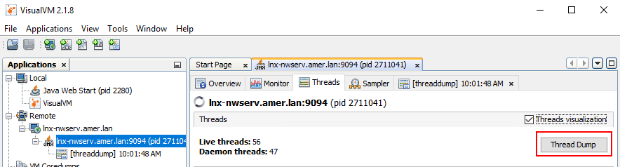 create a thread dump in visualvm