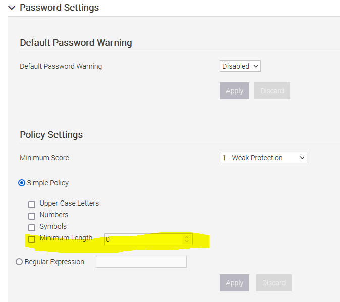 Screenshot from the iDrac that shows the password settings