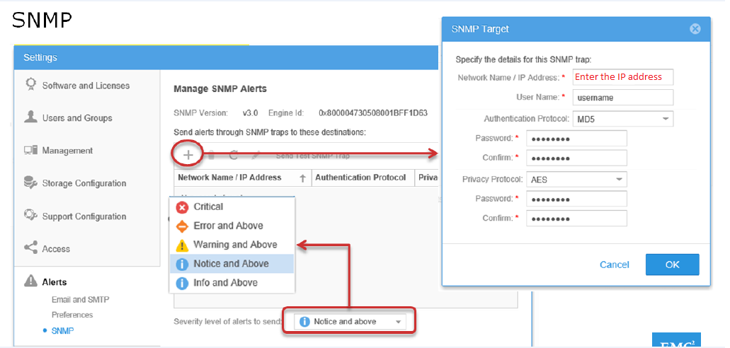 Capture d’écran de l’interface graphique Unisphere et des étapes de configuration des alertes SNMP