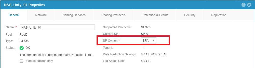 In the General tab, go to the SP Owner section and select the SP to move the NAS Server to