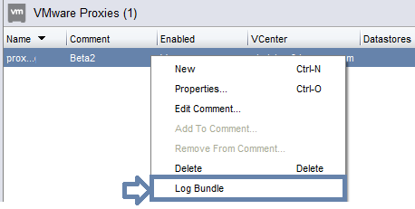 screenshot showing Log Bundle selection