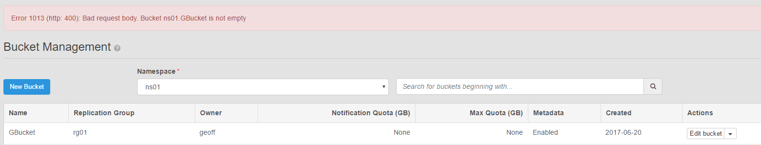 Error 1013 (HTTP: 400): Bad request body. Bucket {} is not empty.