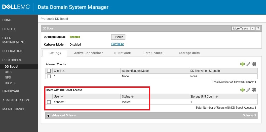 DD Boost status in Data Domain System Manager
