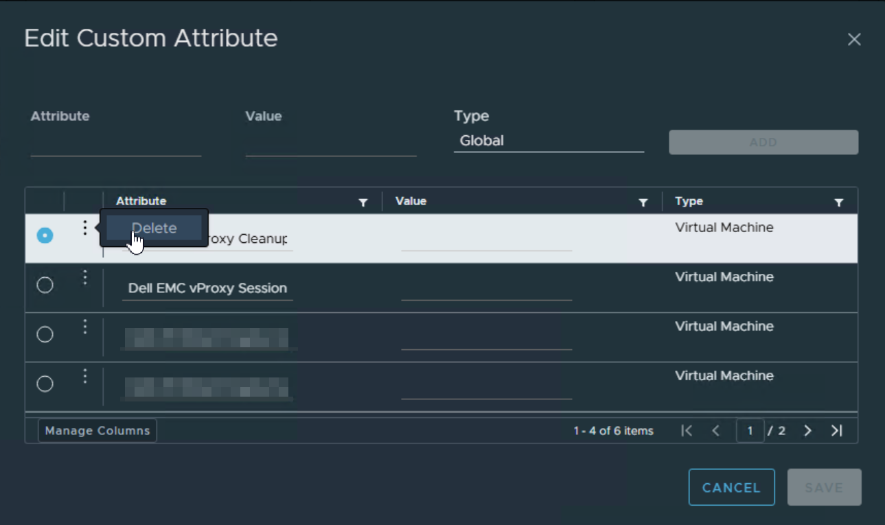 Delete Dell EMC vProxy VM custom attributes