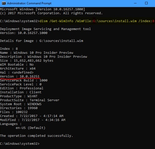 具有版本号的 Get-WimInfo 输出示例