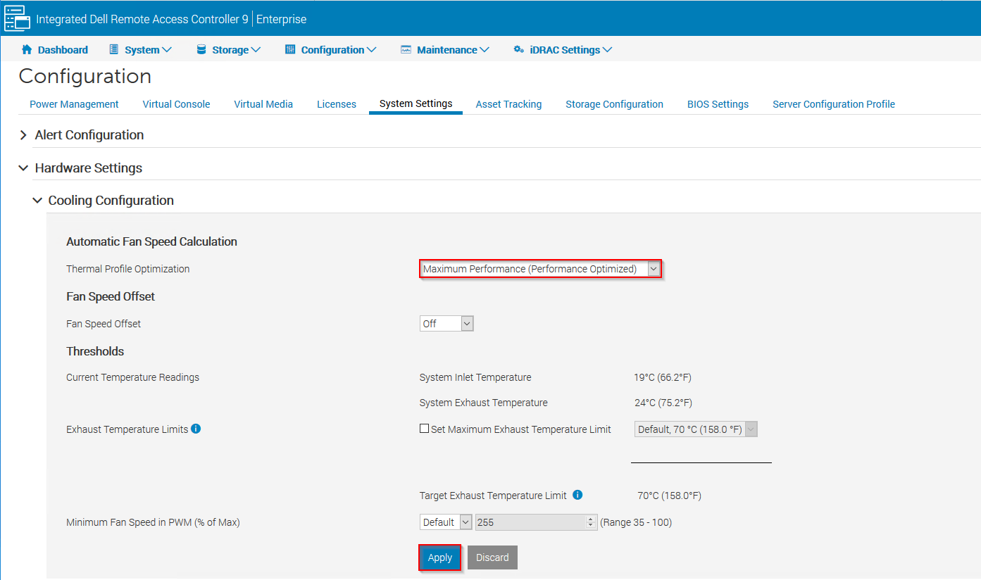 IDRAC Cooling configuration settings page