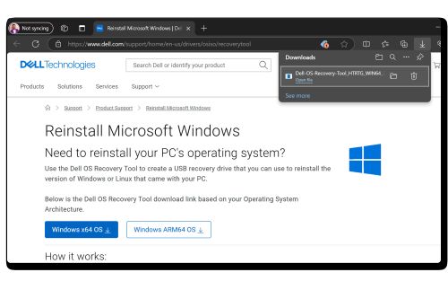 Página de download do Dell OS Recovery Tool