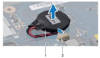Abbildung einer Knopfzellenbatterie auf der Systemplatine eines Dell Laptops