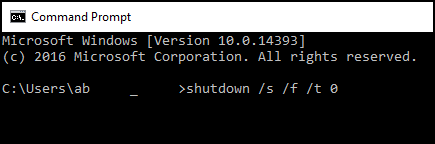 带有 Shutdown /s /f /t 0 选项的 Windows 命令行提示符