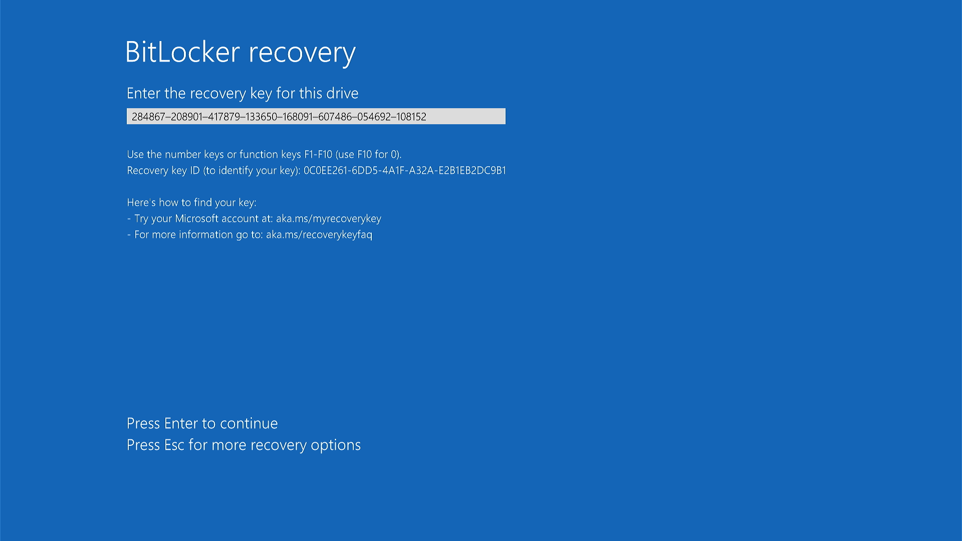 Снимок экрана восстановления BitLocker с текстовым полем для ввода ключа восстановления