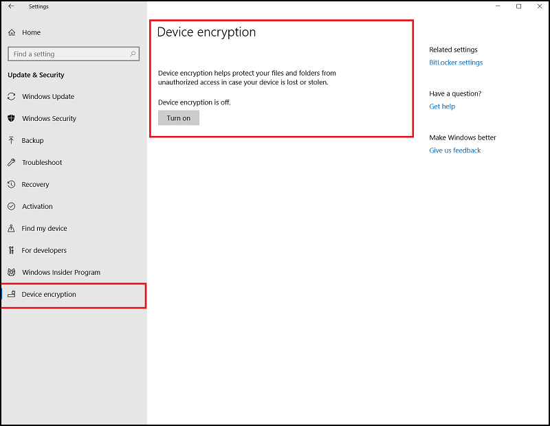 Параметры Windows 10 для BitLocker
