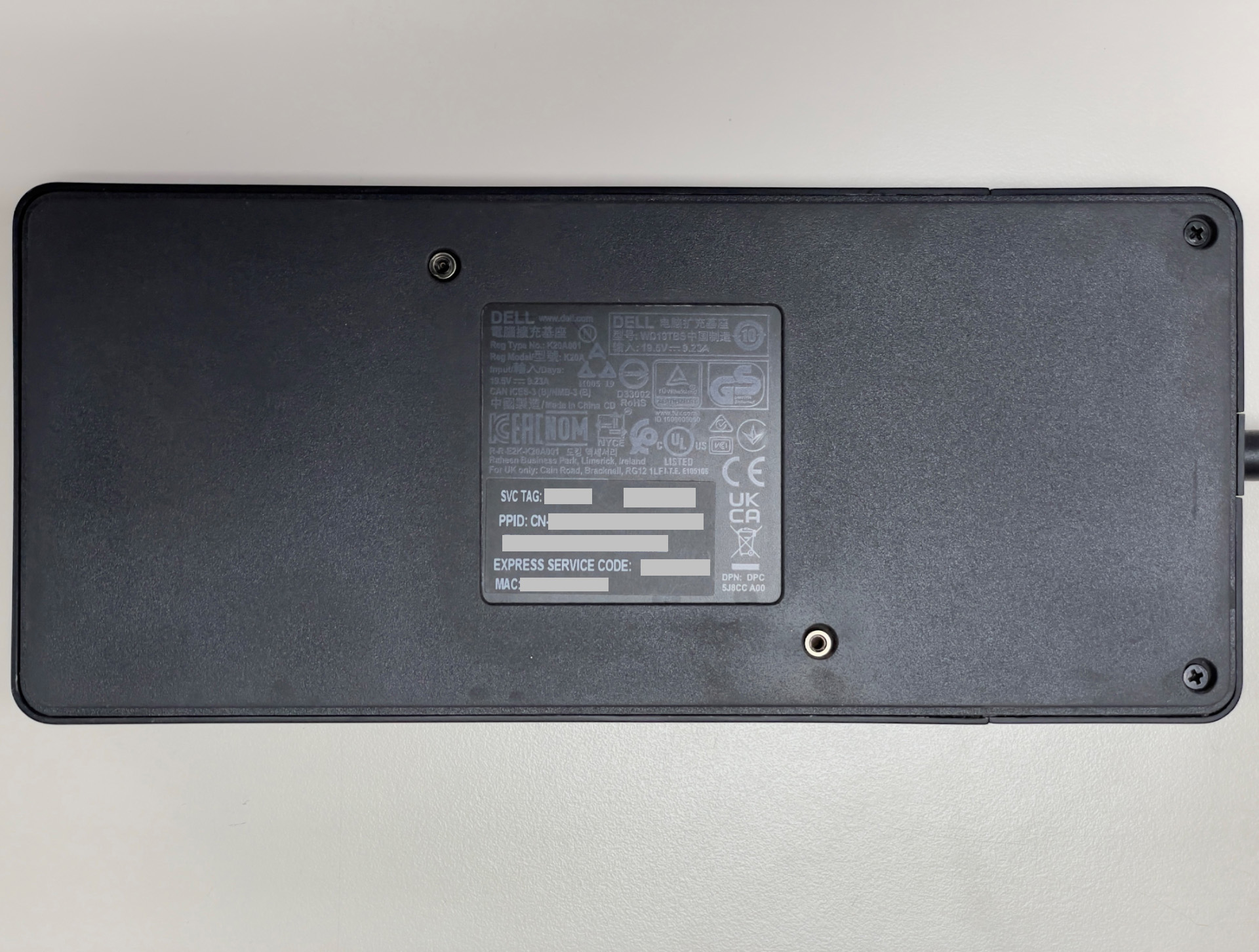 PPID or Serial Number of Dell docking station on the bottom panel