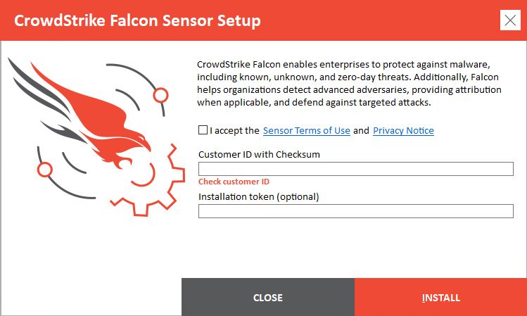 Interfaz de usuario de configuración de CrowdStrike&nbsp;Falcon&nbsp;Sensor