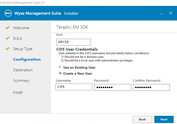 Teradici EM SDK가 선택된 Teradici EM SDK Configuration 메뉴