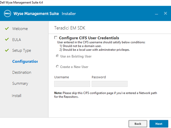 Teradici EM SDK 組態功能表，未選取 Teradici EM SDK