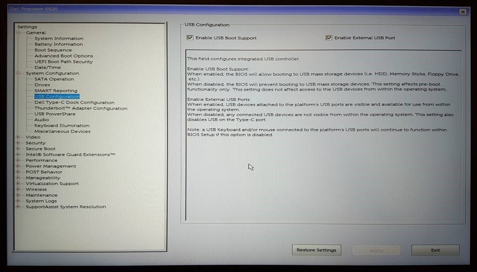 V části Konfigurace systému naleznete nastavení pro konfiguraci USB