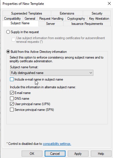 Clear checkbox for Include e-mail name in subject name